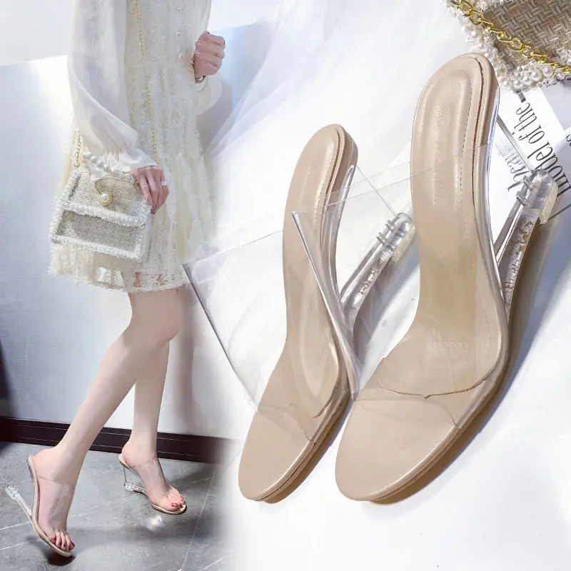 LIHUAMAO/прозрачные Шлёпанцы на танкетке Женские босоножки высоком каблуке