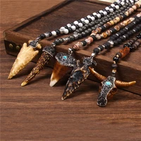 tibetan natural agat lava stone strand beads necklace cow bull ox head tooth skull charms necklace men women amulet lucky gift