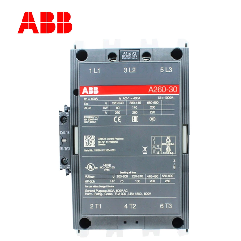 

ABB 3-ploe contactors AX series 1NC & 1NO 50HZ/60HZ 24V~440V 260A AX260-30-11