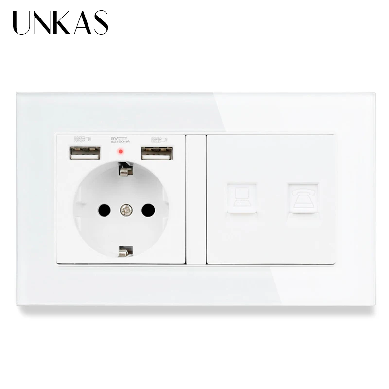 UNKAS кристальная закаленная панель настенная розетка стандарта ЕС с 2 usb-портом для