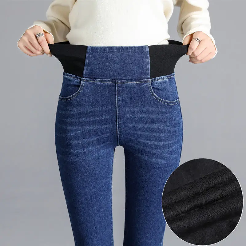 Warm Jeans Winter 2023 New Velvet Thick Jeans Elastic High Waist Pencil Pants Female Pantalon Loose Fleece Denim Pants X380