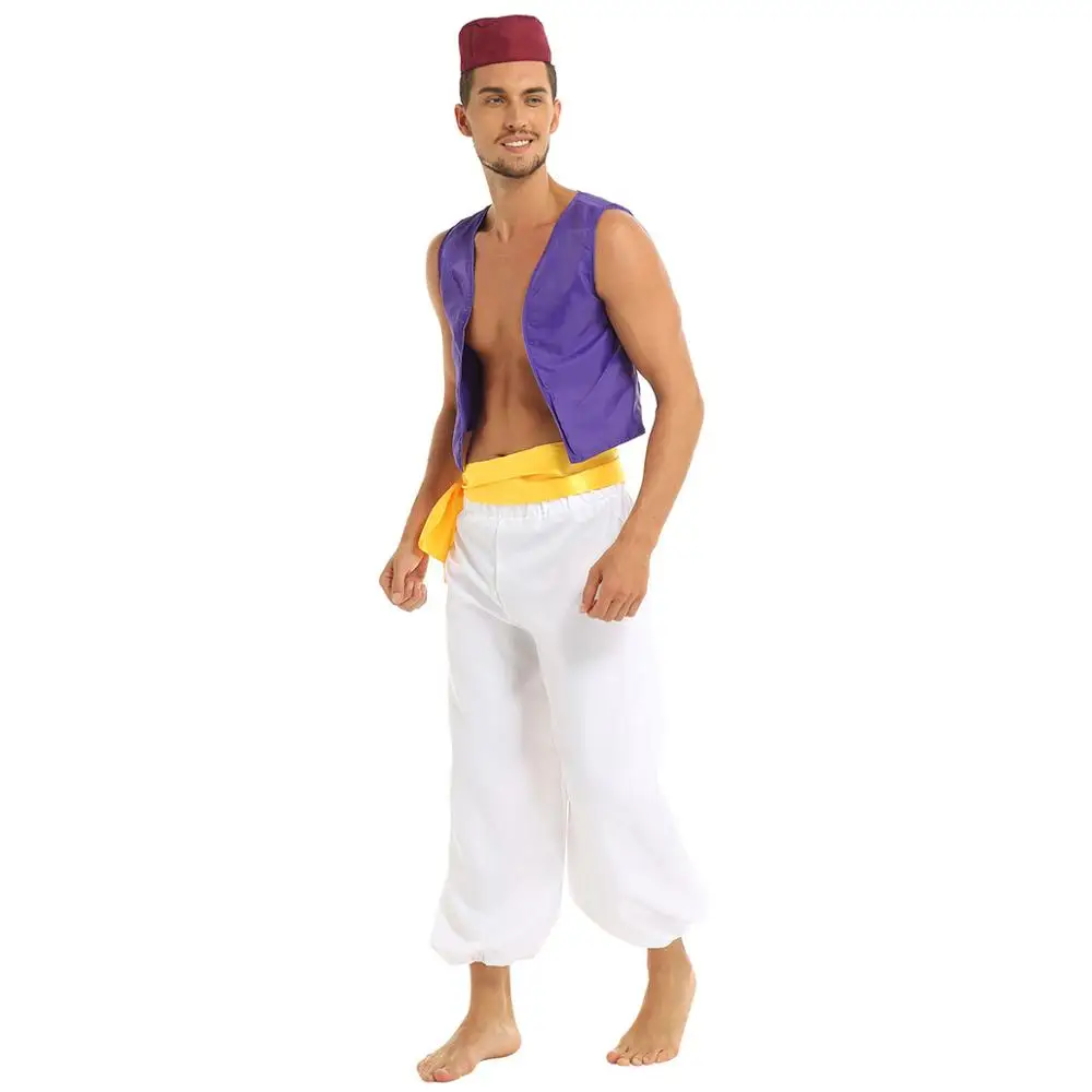 Мужской взрослый арабский принц Косплей Костюм для Хэллоуин фиолетовый жилет с
