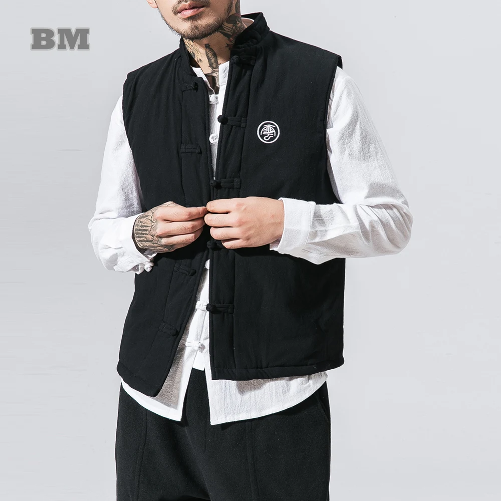 

Autumn Winter Chinese Traditional Dress Embroidery Thick Sleeveless Padded Vest Japanese Harajuku Jacket Men Clothing Coat Tops
