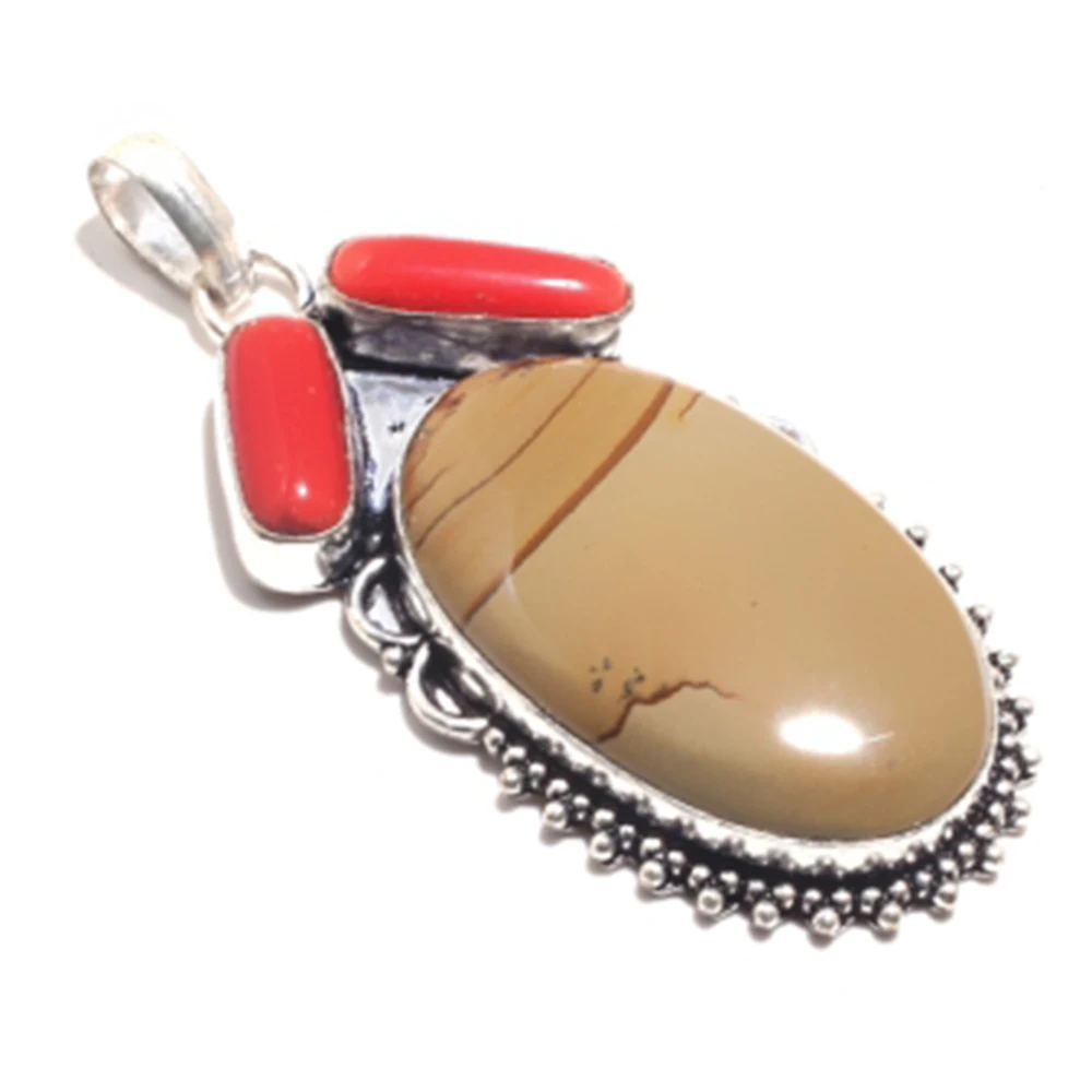 Mookaite Jaspers + Коралловый кулон серебряное покрытие над медью 65 мм FRP0390 | Украшения и