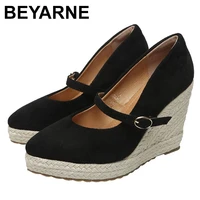 BEYARNE Wedge Espadrilles Heel Shoes Women 2021 Spring New Style Shallow Mouth Fashion Pointed Thick Heel -soled Straw Heel Shoe