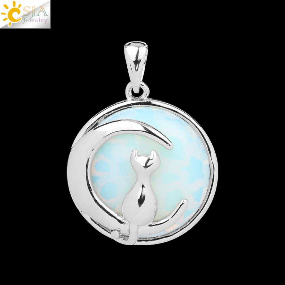 Opal CSJA, новинка, модная подвеска в виде кошки, Луны, ожерелье, круглый натуральный камень, милый котенок, удача, ювелирное изделие, подходит для женщин, колье для девочек, подарок F334 - Окраска металла: Opal