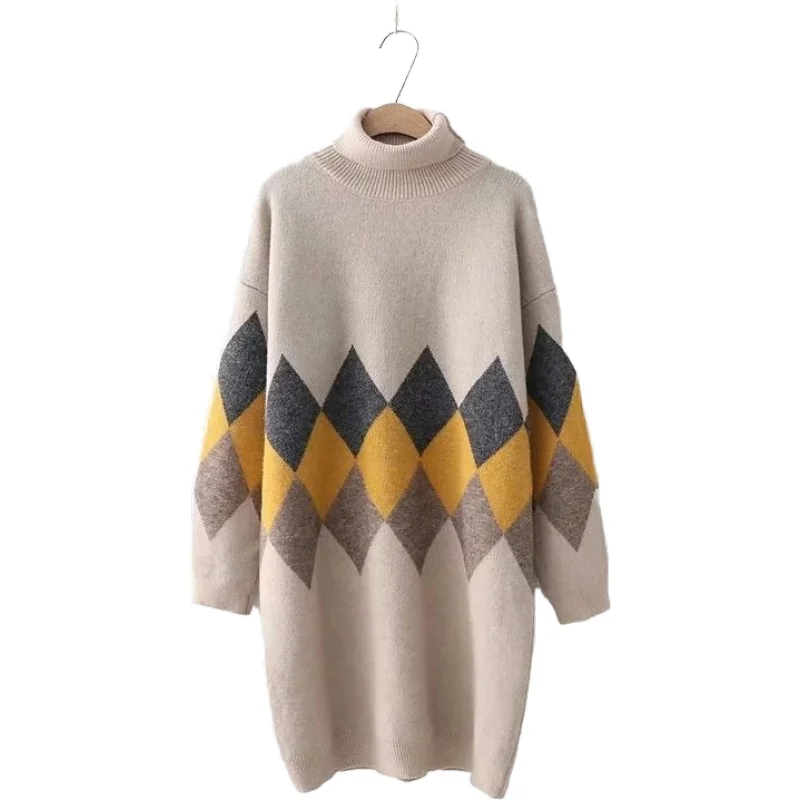 

Вязаные свитера с вышивкой ромбиками 2020 Harajuku, свободная водолазка, жаккардовый свитер, вязаный пуловер 2011915