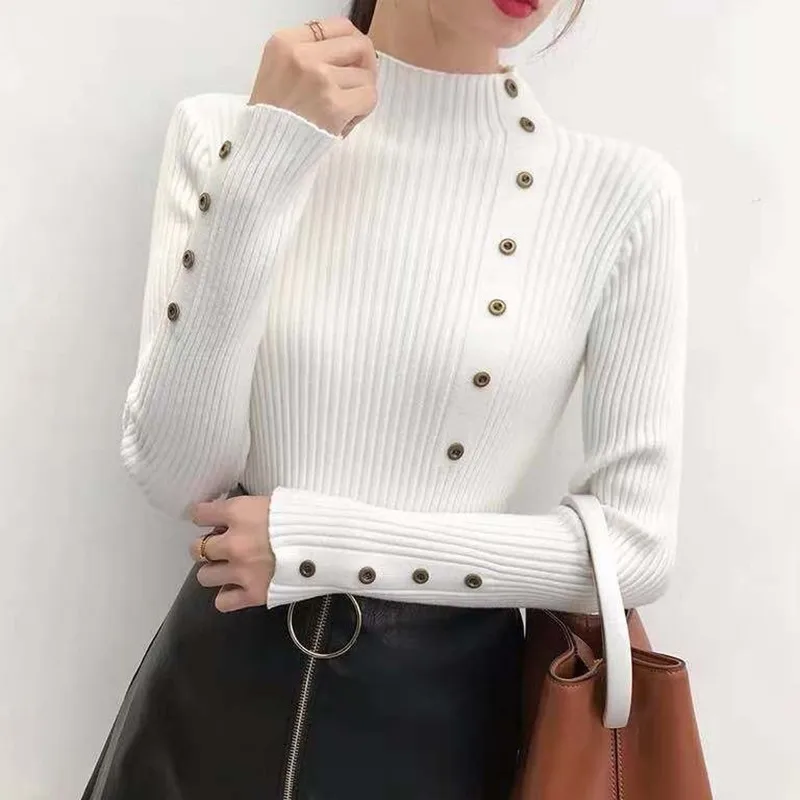 

Autumn Winter Women Sweater Turtleneck Long Sleeve Button Knit Thin Warm Sweater Solid Color Tops