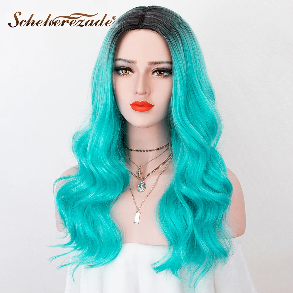 Scheherezade Ombre Синий с темными корнями длинные волнистые синтетические парики для