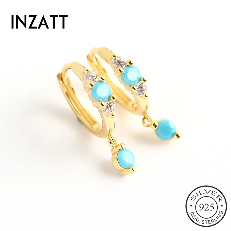 

INZATT Real 925 Sterling Silver Blue Turquoise Hoop Earrings For Fashion Women INS Fine Jewelry 18k Gold Bohemian Accessories
