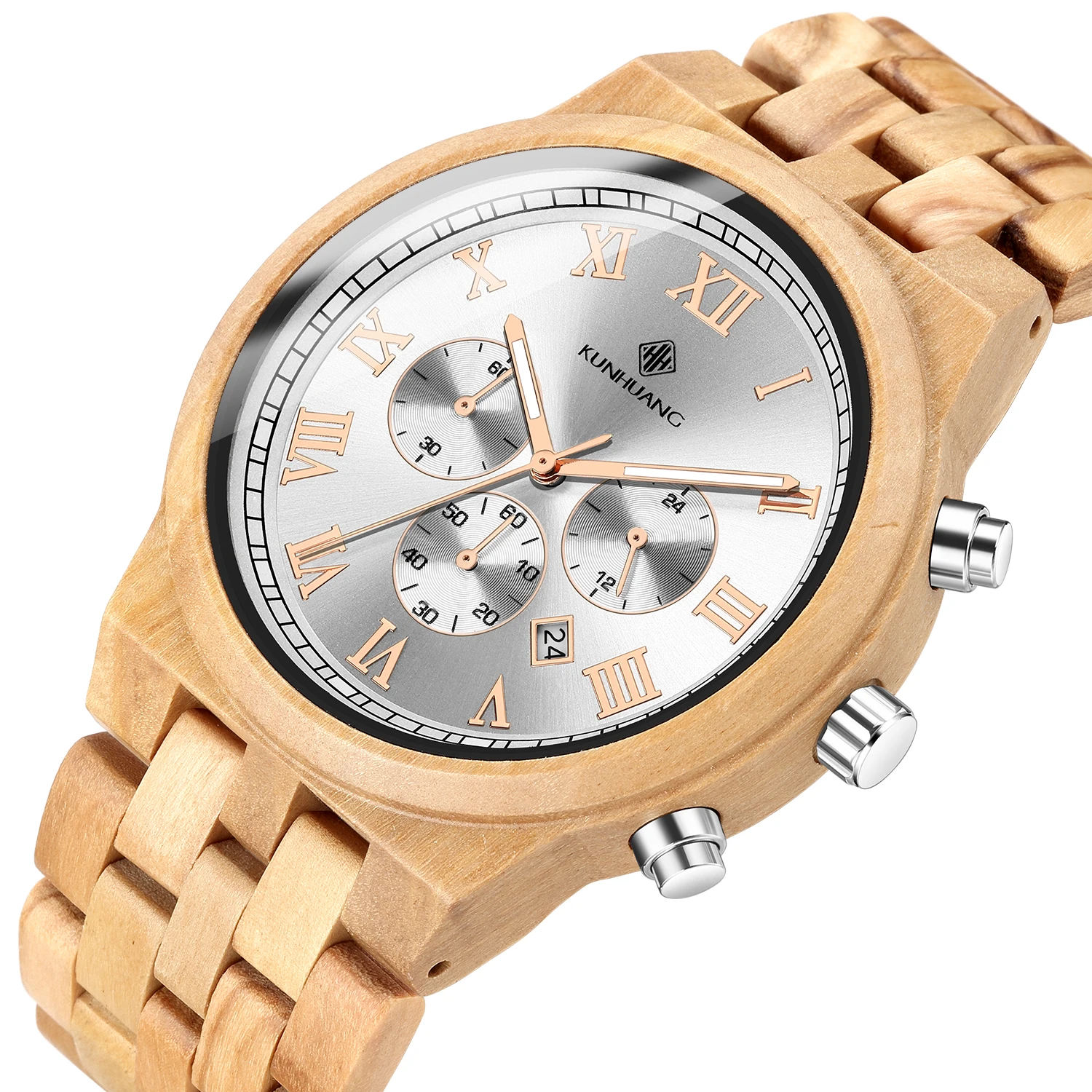 Kunhuang Wood Watch for Man Multi-Functional Timepieces Chronograph Military Casual Calendar Large Dial Sport Quartz Wristwatch