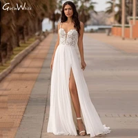 sexy slit bohemian wedding dress 2021 spaghetti sweetheart bridal gowns backless chiddon lace bride dress vestidos de novia