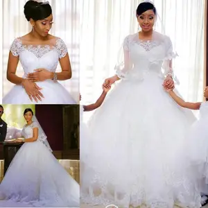 African Lace Appliques Ball Gown Wedding Dresses 2021 Short Sleeves Gowns Bride vestido de novia