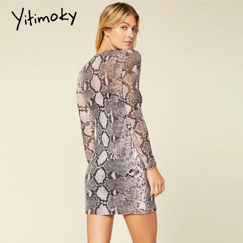 Змеиный принт облегающее платье с длинным рукавом сексуальное мини размера плюс