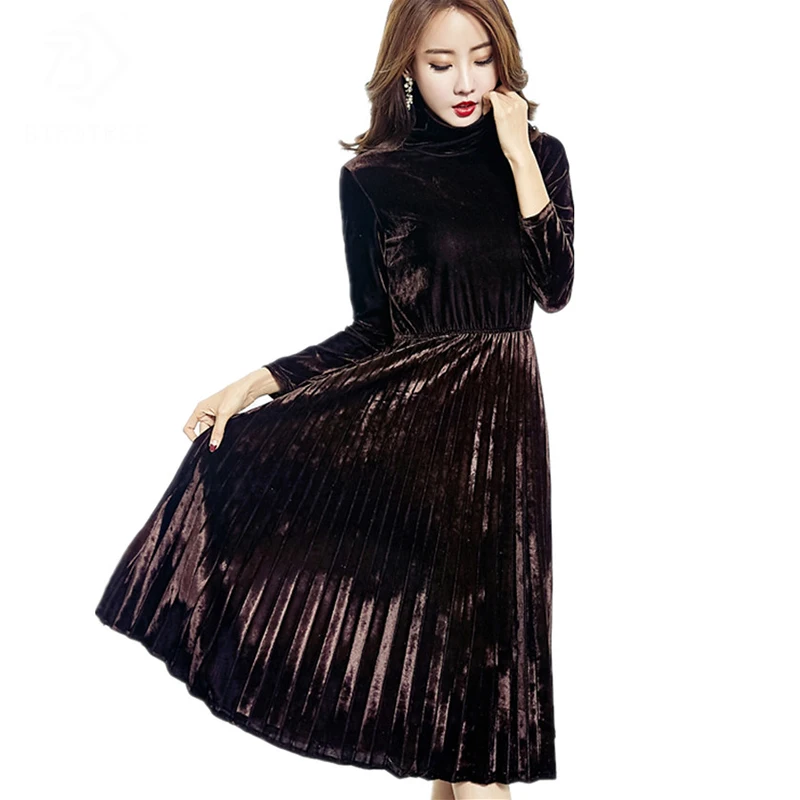 Новые бархатные платья для женщин 2017 Весна Осень Винтаж Водолазка с длинными
