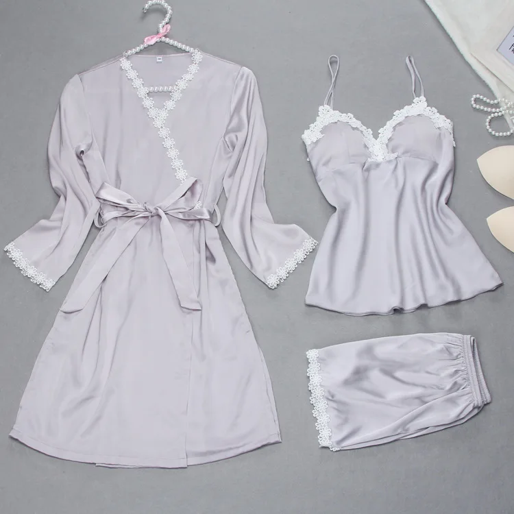 

3 Pieces Ladies Sexy Silk Satin Robe Set Include Bathrobe+Top+Short Pant+Belt Summer Sleepwear Set Charming NightWear For Women