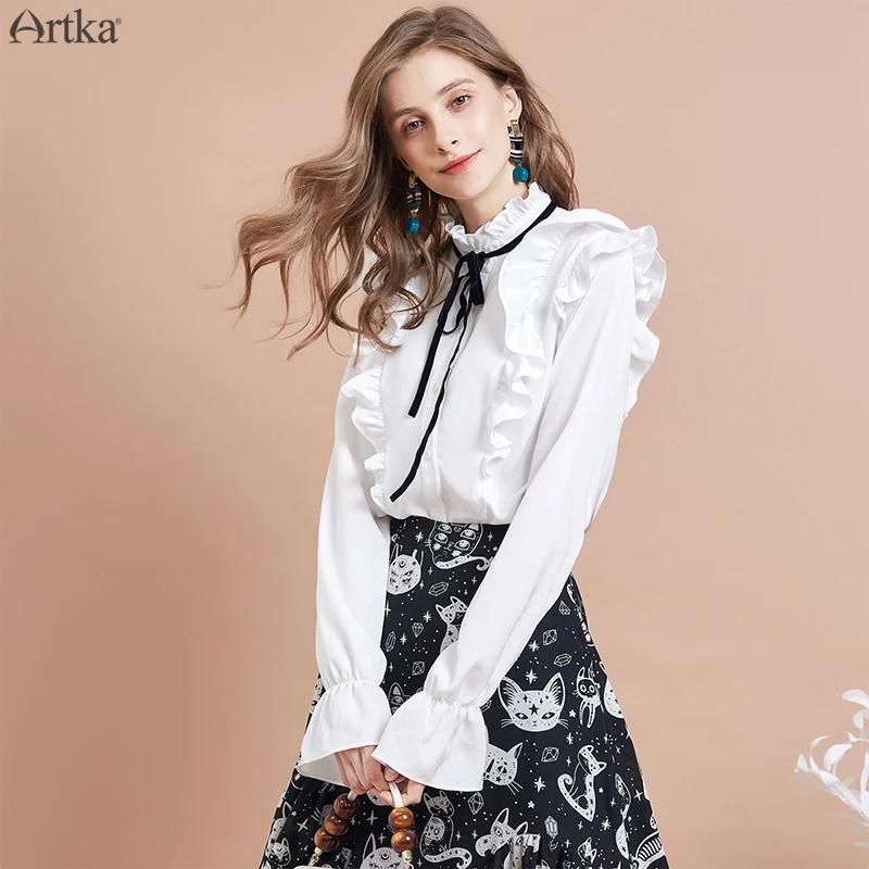 ARTKA 2019 Autumn New Women Blouses Elegant Palace Style Shirt Ruffled Chiffon Blouses Stand Lace-up Collar Shirt Women SA15296Q