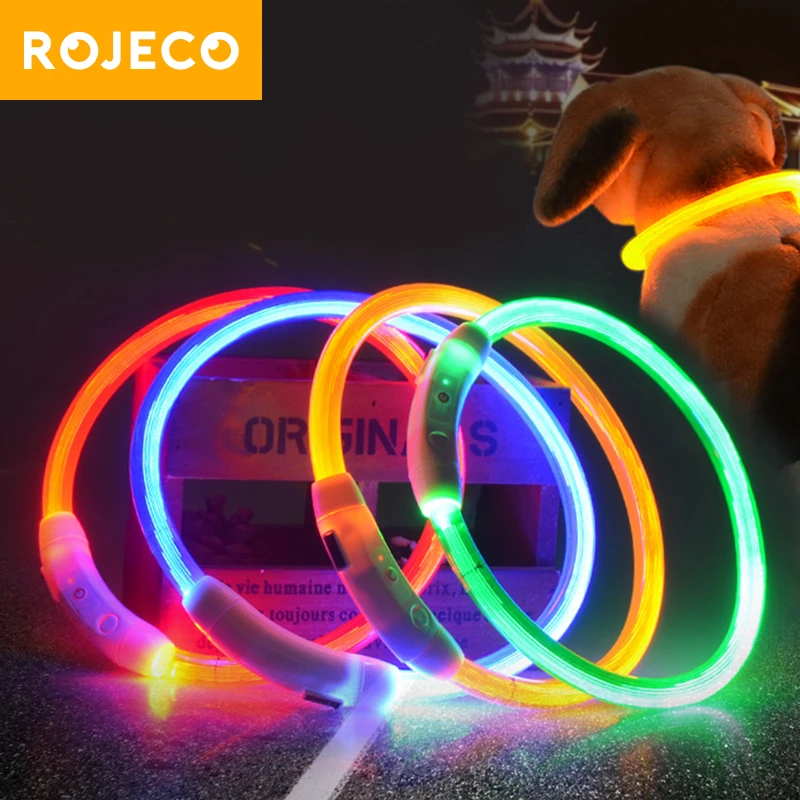 Светодиодный USB-ошейник ROJECO для собак, перезаряжаемый светодиодный светящийся ночной поводок для собак - изображение