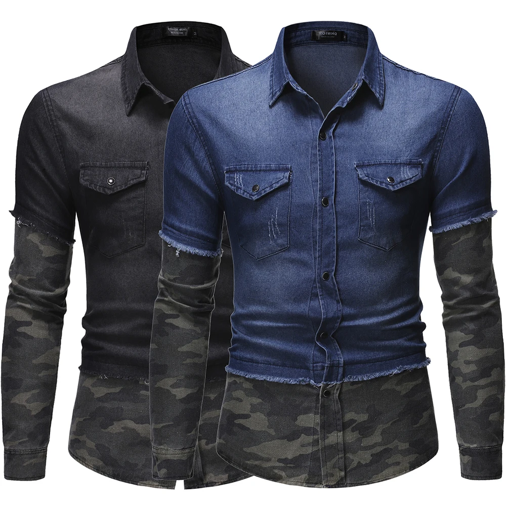 

2021 Spring and Autumn New Fashion Leisure Men Camouflage Splicing Single Breasted Slim High Street Long Sleeve Men Jeans Shirt