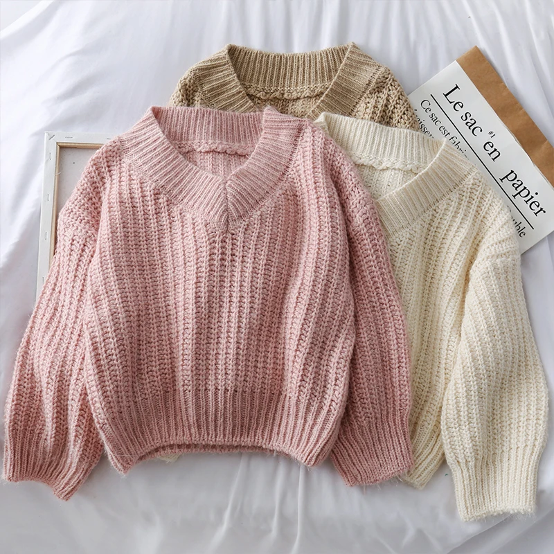 2019 Новая мода Женская одежда свитер v-образный вырез длинный рукав свитера