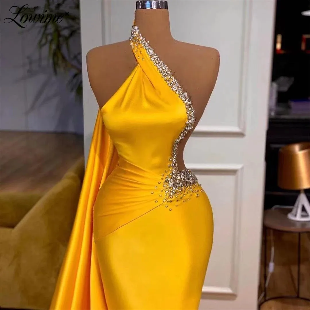 

Женское атласное платье-Русалка Lowime, длинное вечернее платье с бисером, желтое, 2 вида конструкций