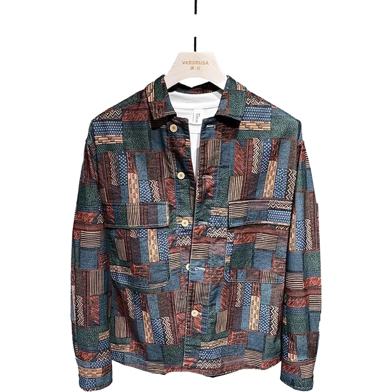 

2021 autumn fashion geometric pattern shirt young men's handsome loose casual shirt coat
