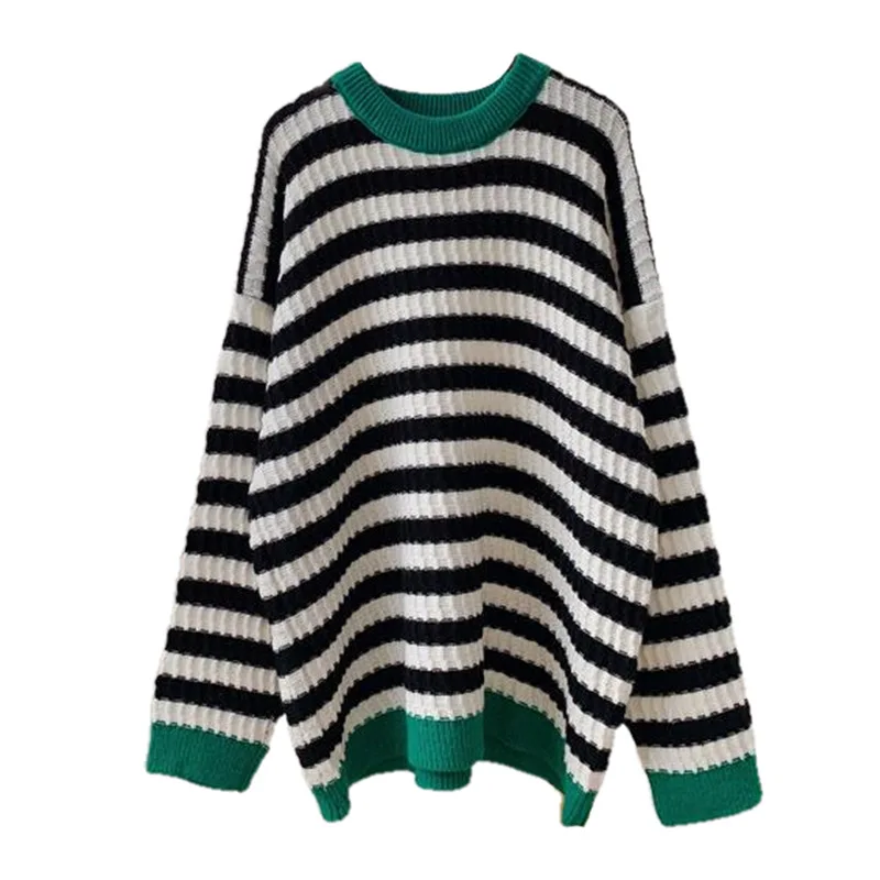 

Женский пуловер в полоску контрастных цветов, новинка осень-зима 2022, Свободный Вязаный топ с круглым вырезом, плотный свитер