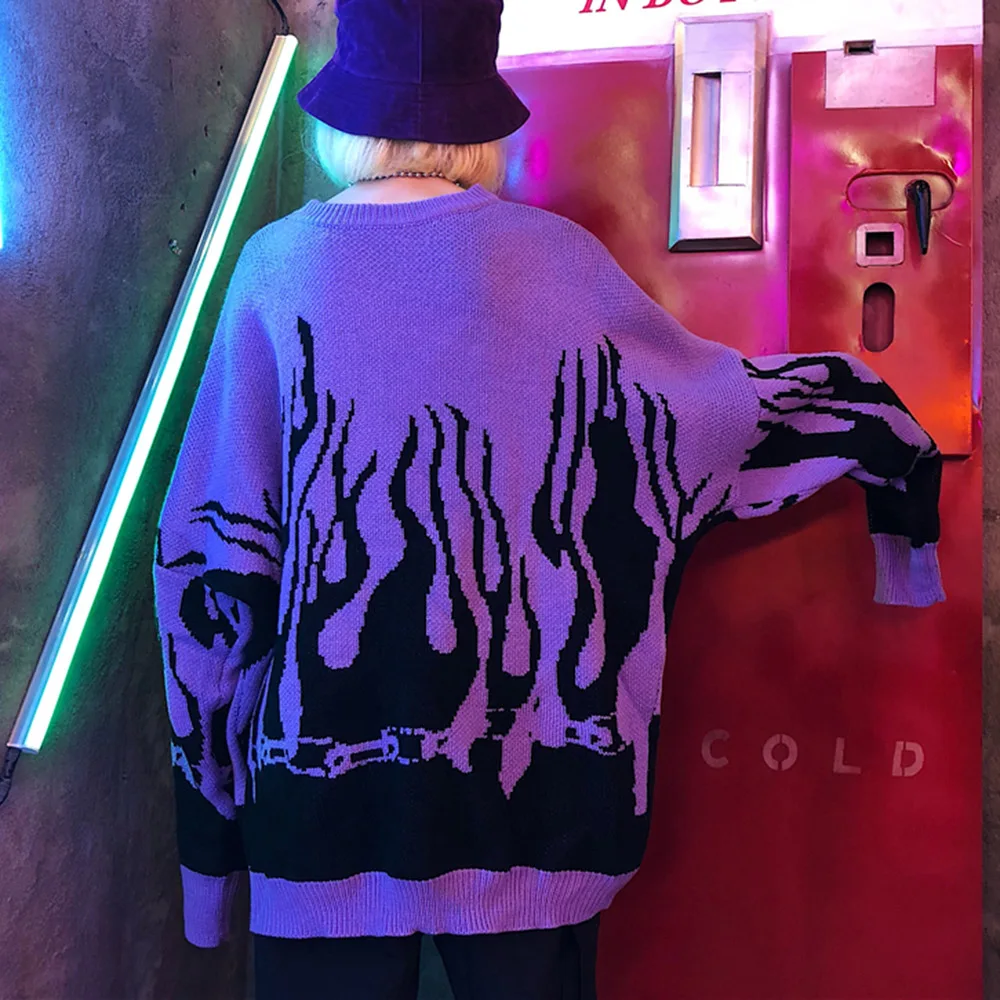 Женский вязаный свитер с принтом пламени пуловер в готическом стиле Свободный