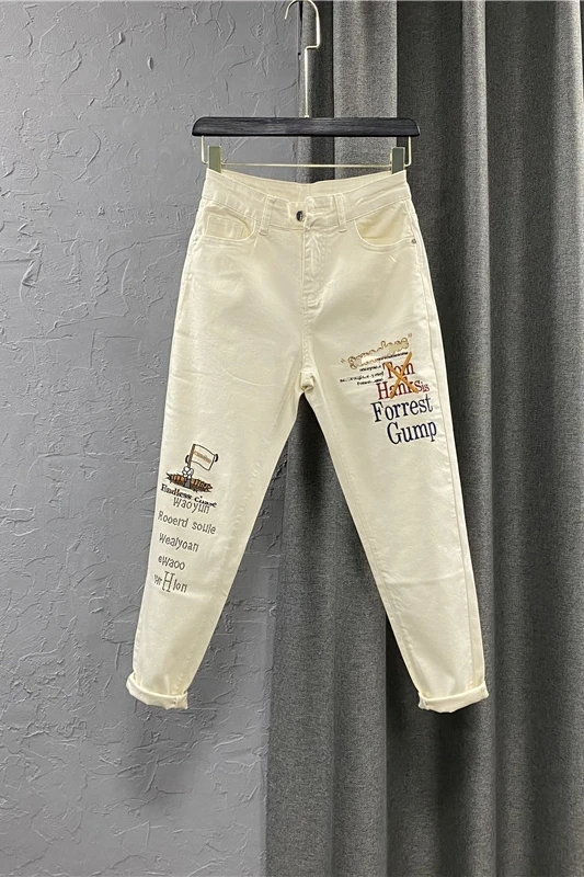 

Embroidered Jeans Women's Wide Leg High Waist Denim Pants Slimming Letters Printing 2021 Spring Casual Jeans