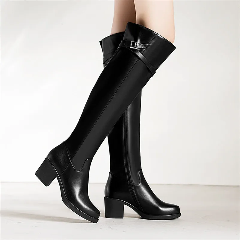 

Meotina Winter Over The Knee Boots Women Natural Genuine Leather Buckle Chunky High Heel Long Boots Zip Round Toe Shoes Lady 39
