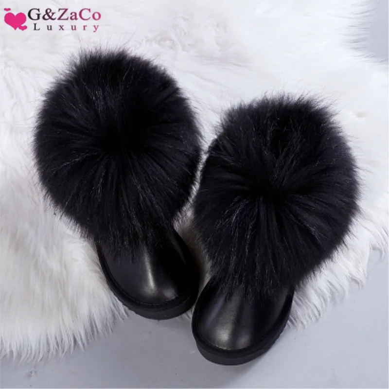 G& Zaco/Роскошные зимние ботинки из натурального черного лисьего меха; водонепроницаемые ботинки из коровьей кожи; ботильоны; женская обувь на плоской подошве из натуральной кожи с натуральным мехом