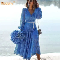 2021 autumn new embroidery hollow water soluble flower dress sexy v neck lantern long sleeve club party lace up mid length dress
