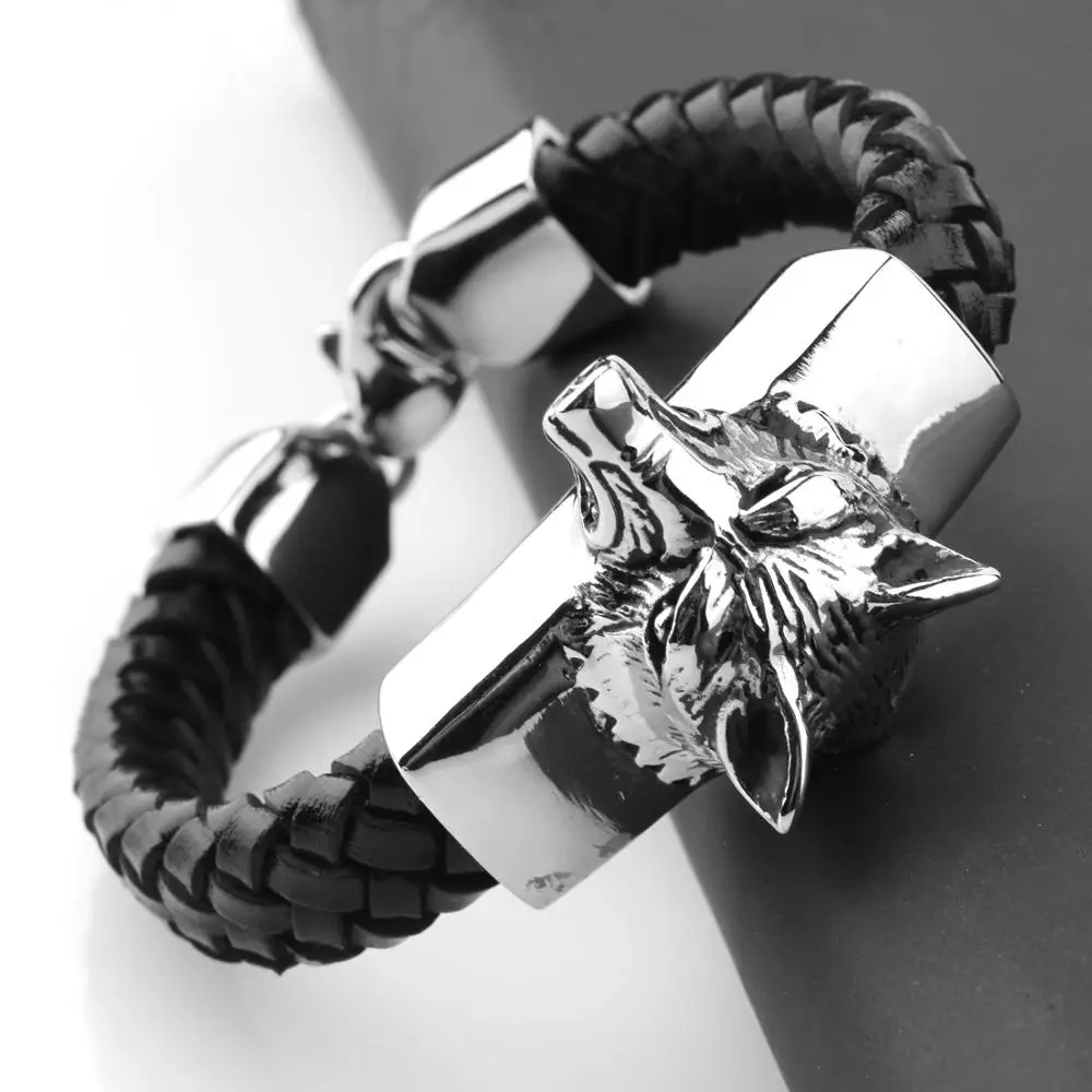 Мужской браслет из натуральной кожи Серебристый нержавеющей стали с головой