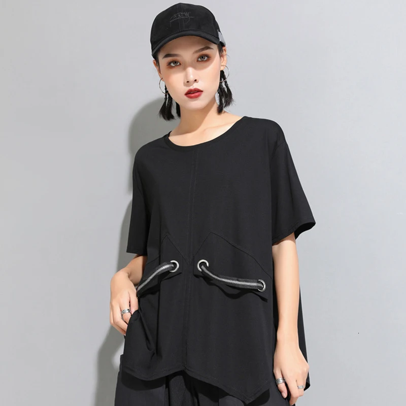 [EAM] New Spring Summer Round Neck Half Sleeve Black Loose Split Joint Big Size T-shirt Women Fashion Tide JW890 JW890
