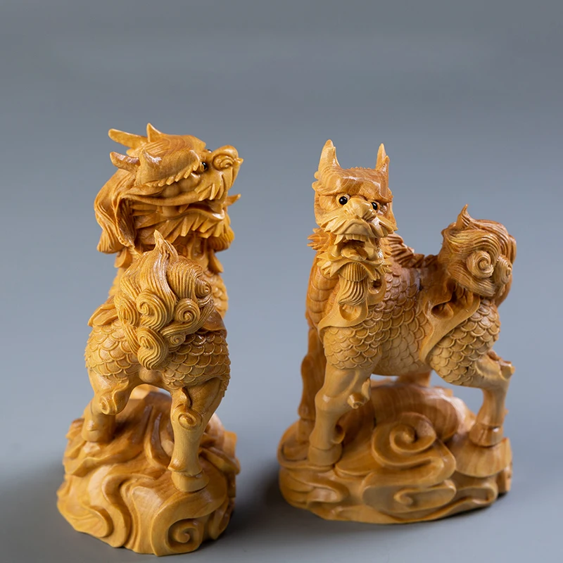 10 см счастливое животное Kylin статуя маленький подарок деревянная Kirin Qilin ремесла