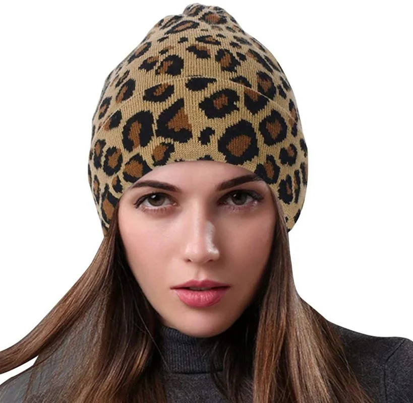 Gorro con estampado de leopardo para Mujer, Gorros cálidos de lana con estampado Animal, gruesos, Invierno