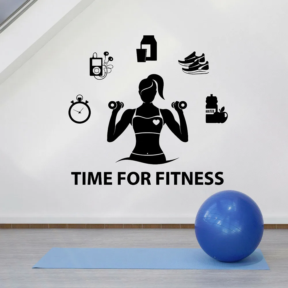 

Time For Fitness Wall Decal Girl Workout Motivation Healthy Lifestyle Gym Living Room Interior Decor Vinyl Window Stickers E209