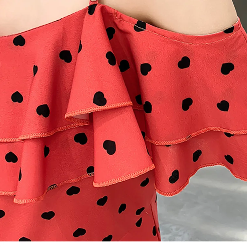 

#1632 Red Off Shoulder Polka Dot Chiffon Playsuits Women Sexy Wide Leg Short Jumpsuits Ladies Zipper Loose Slash Neck Ruffles