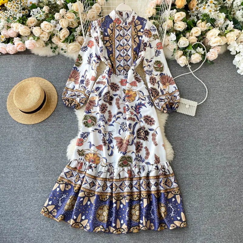 Осеннее женское платье в стиле ретро с воротником стойкой длинными пышными