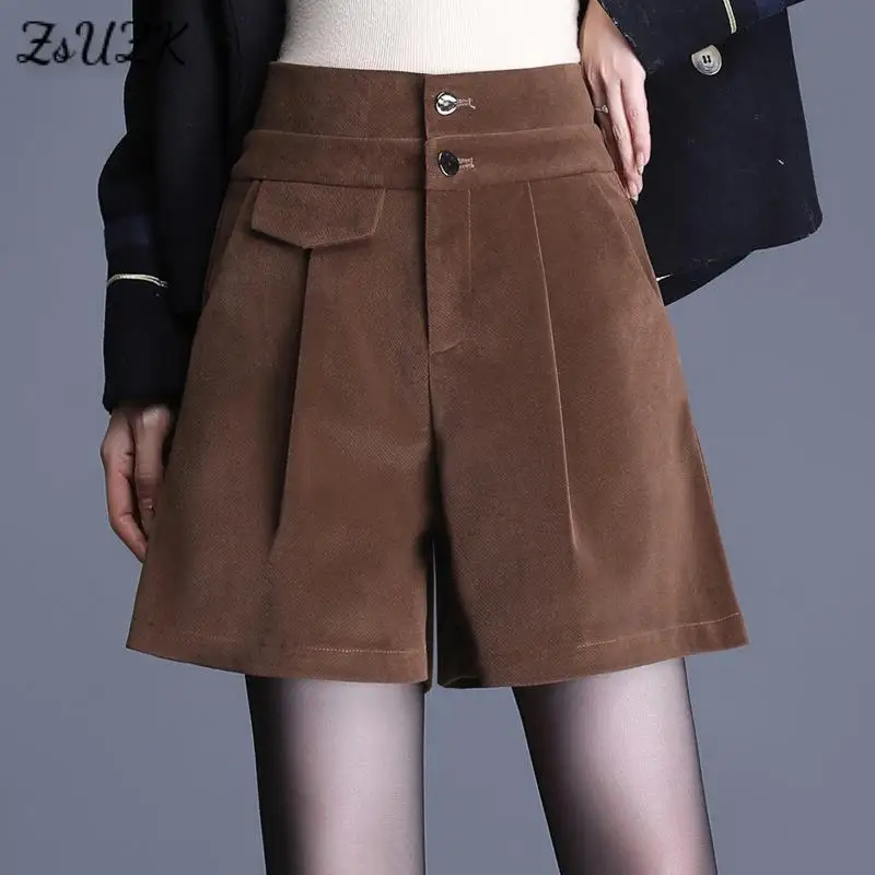 

Женские бархатные шорты с широкими штанинами, осенне-зимние свободные повседневные Элегантные винтажные офисные черные короткие брюки с высокой талией