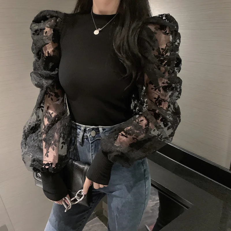 Vintage Puff Sleeve Lace Women Shirt Office Camisas Mujer Spring New Female Blouse Slim Stand Collar Woman Blouses Tops 12330 | Женская