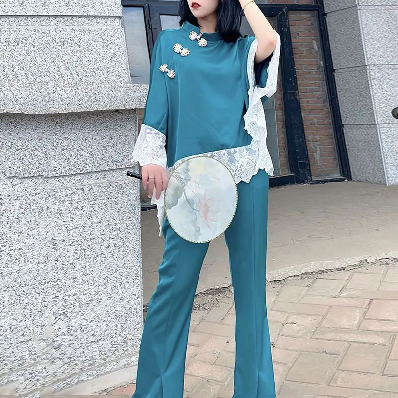 

XITAO New Lace Splicing Women Pants Sets Contrast Color Casual Fashion Loose Vintage Stand Collar Coil Buckle Top WMD1728