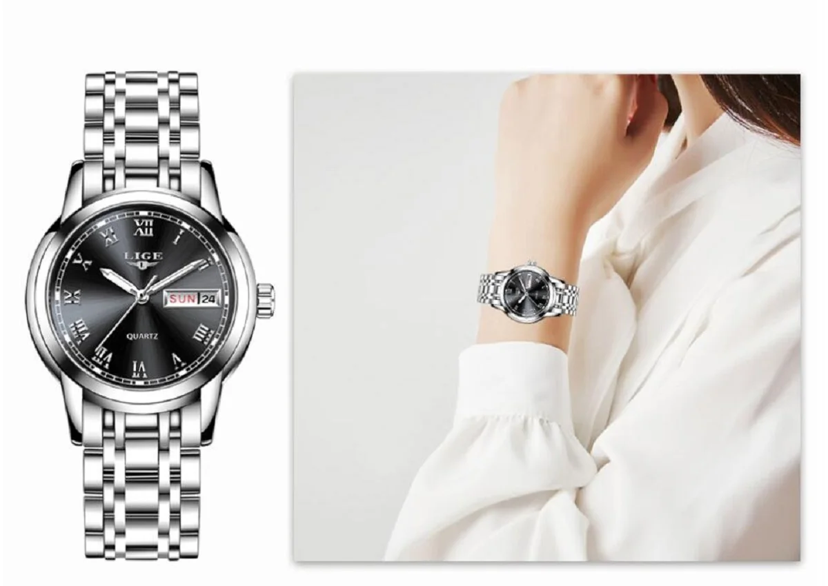 

Часы наручные LIGE мужские с кожаным ремешком, роскошные кварцевые модные, водонепроницаемые до 30 м, черные, 2021