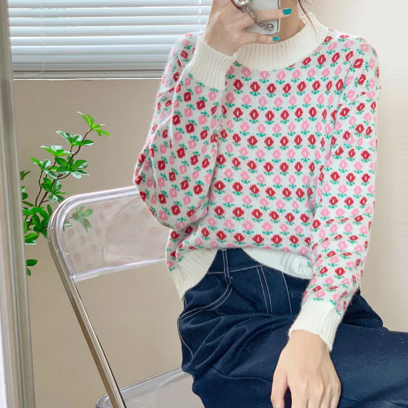 

Autumn Cashmere Retro Flower Knit Sweater Womens Pullover 2021 Fall Winter New Sweater Jacket Women's Pullover Jumper Top