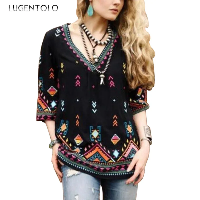 

Pus Size TShirt Women Autumn New Fashion Print Three Quarter V-Neck Loose Casual Womens Tops Lugentolo