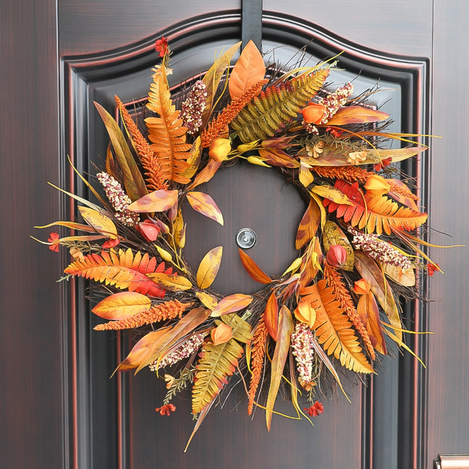 

Осенний тематический дверной венок, искусственные тыквы, ягоды, сосна, конус, клен, искусственный материал из ротанга, украшение для дома