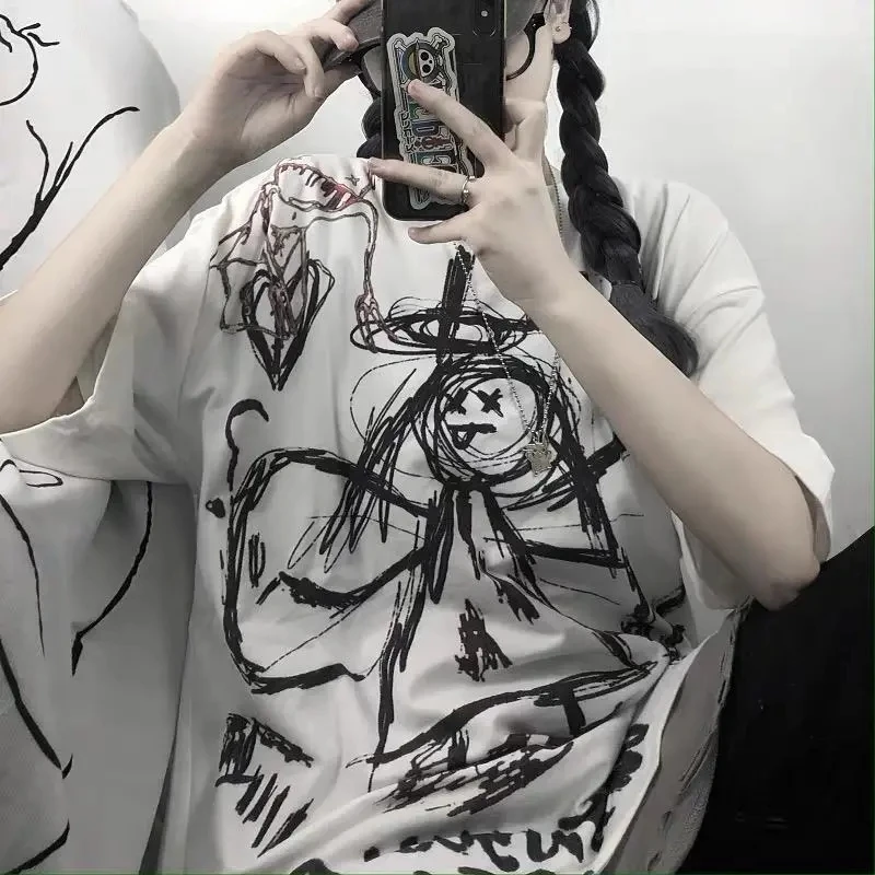 

White women's t-shirt Summer Retro Cartoon Print Loose Short Sleeve Top Oversized t-shirt harajuku vintage Female clothing punk