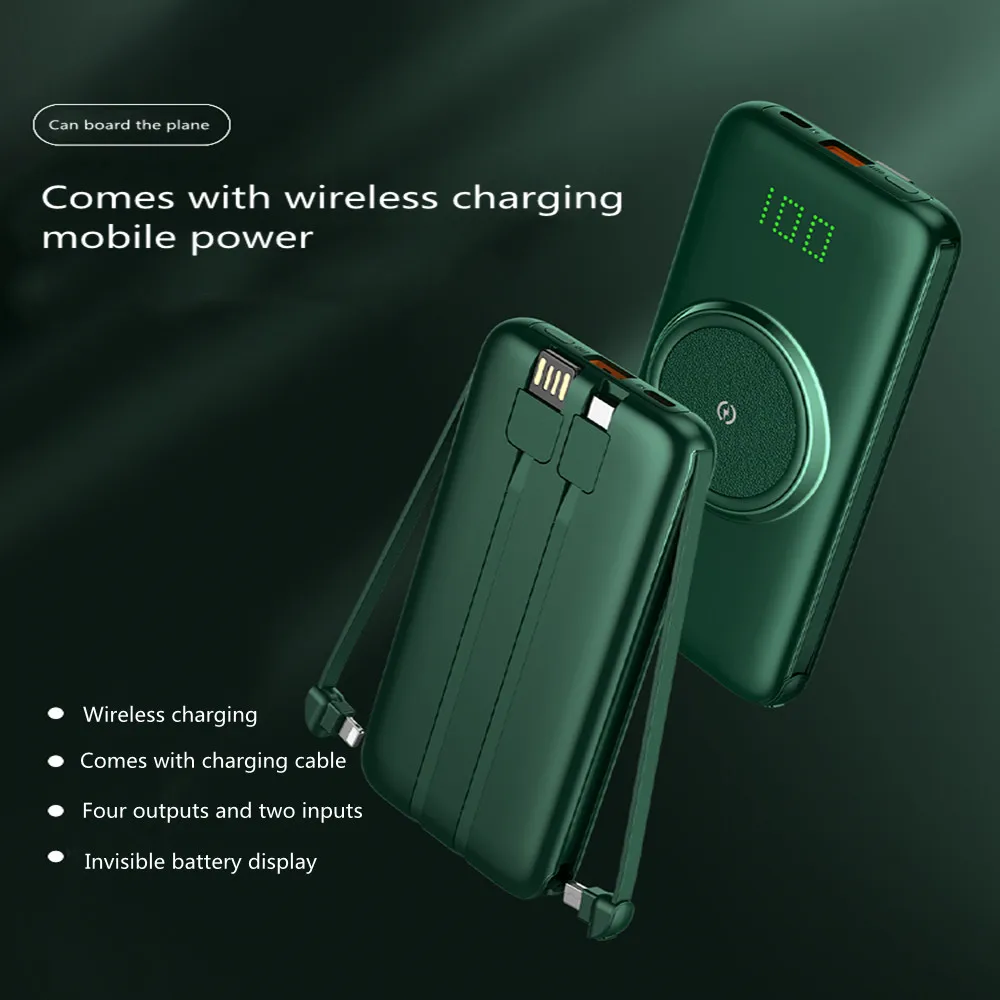 wireless power bank 20000mah built in cable portable mobile phone auxiliary battery charger for xiaomi huawei iphone samsung free global shipping