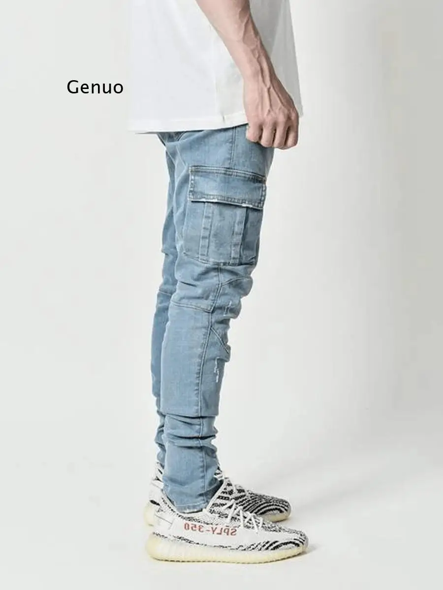 Jeans Men Pants Casual Cotton Denim Trousers Multi Pocket Cargo Jeans Men New Fashion Denim Pencil Pants Side Pockets Cargo