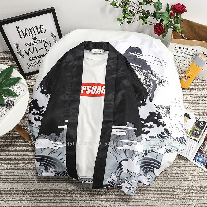 Мужской кардиган в китайском традиционном стиле юката с принтом дракона блузка